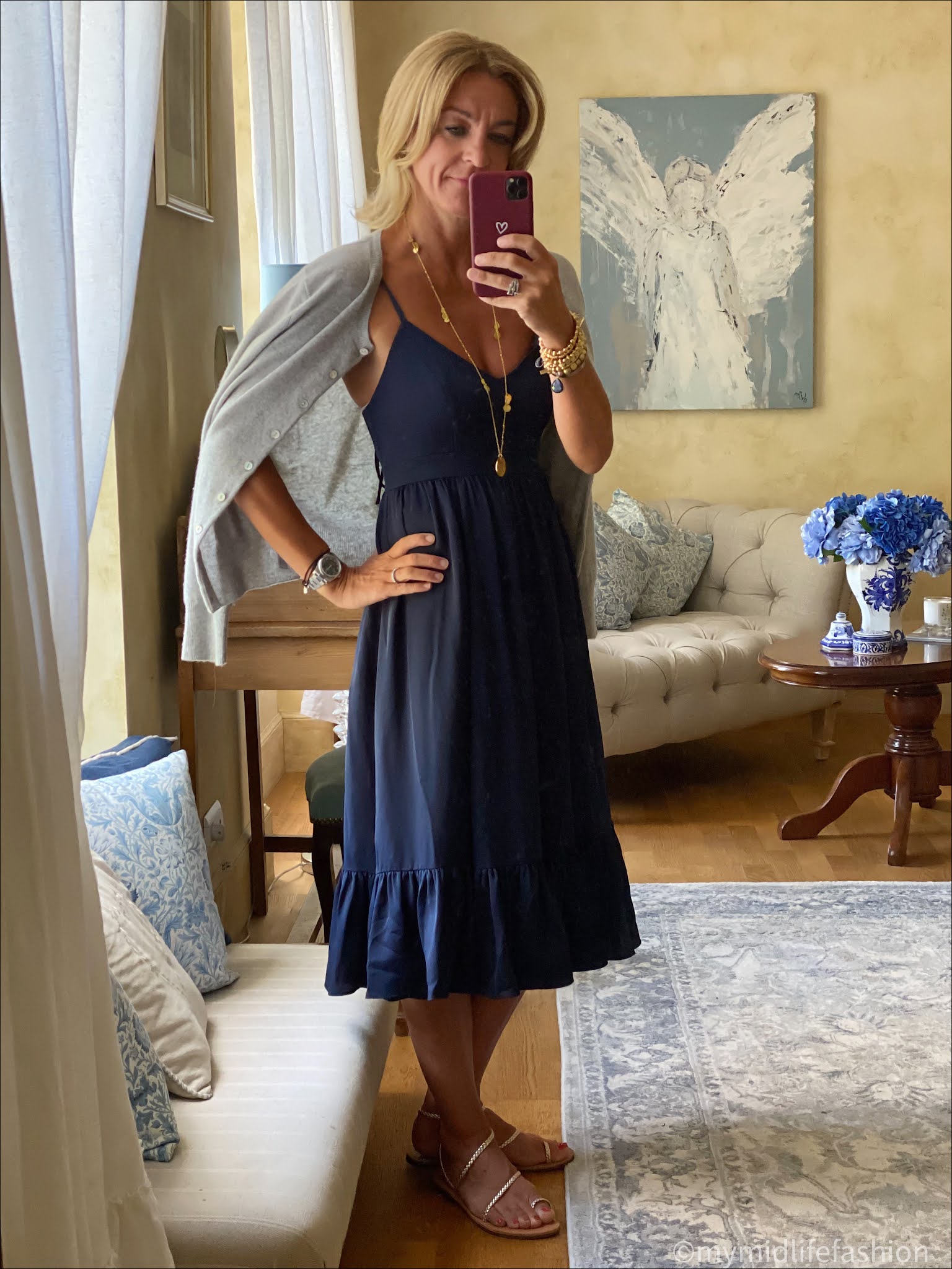 my midlife fashion, marks and Spencer cashmere crew neck cardigan, j crew sundress, speak out Chris braided gold sandals