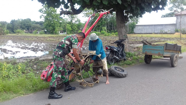 Babinsa Serda Suparman membantu memasang roda traktor guna mengolah lahan 