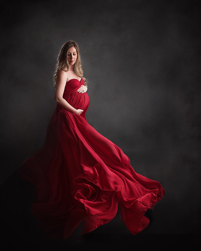 red flowy maternity dress