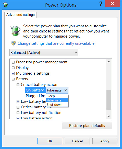 Changer l'action de la batterie critique et de bas niveau