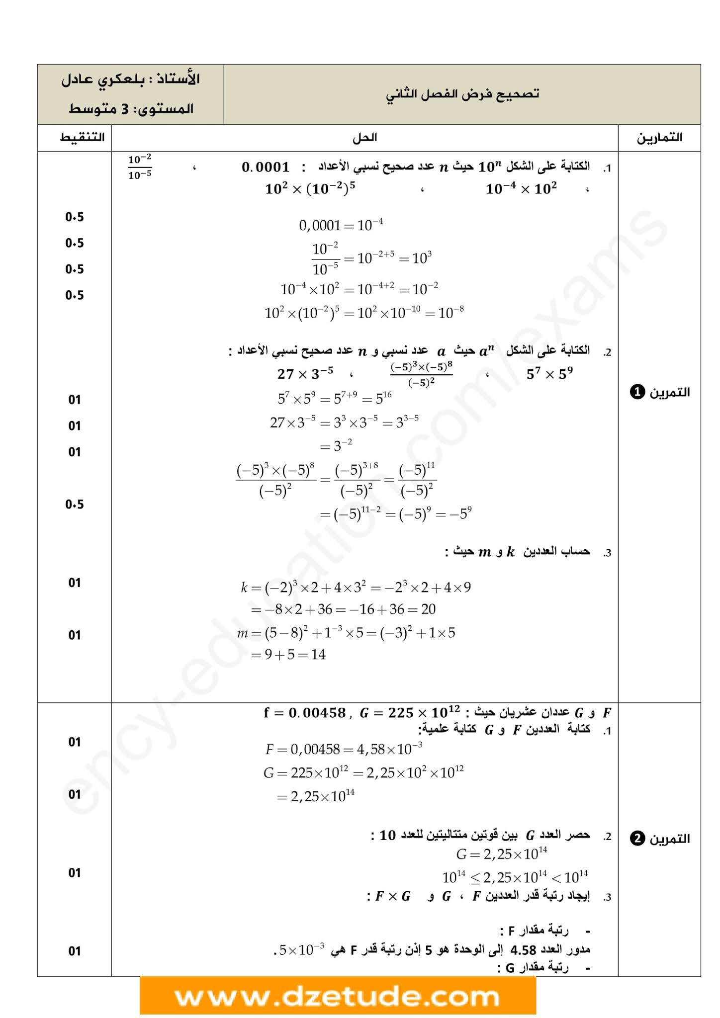 فرض الرياضيات الفصل الثاني للسنة الثالثة متوسط - الجيل الثاني نموذج 1