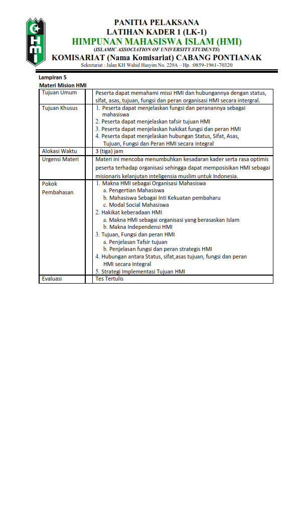 Contoh Term of Refference(TOR) Latihan Kader 1 HmI Cabang