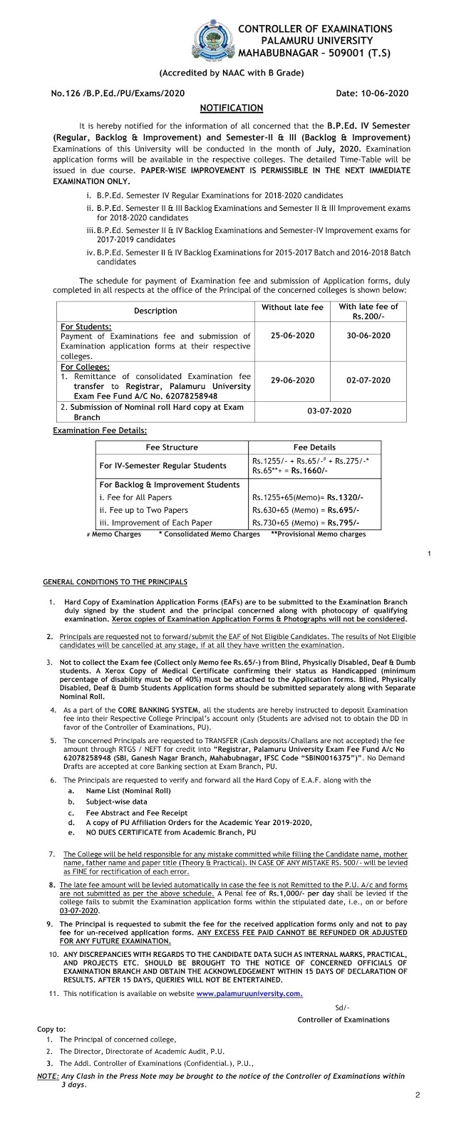 palamuru university bped 4th sem reg & backlog july 2020 exam fee notification
