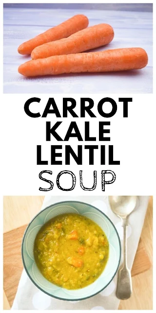 Spiced Carrot, Lentil and Kale Soup.A luxuriously thick and spicy carrot, lentil and kale soup. Keep the leftovers in the fridge or freeze them for another day. #lentilsoup #carrotsoup #kalesoup #easylentilsoup #lentilsouprecipe #carrotsouprecipe #vegetablesoup #soup