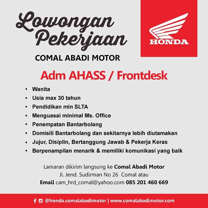 Lowongan Kerja Admin AHASS (Wanita) Comal Abadi Motor Mei