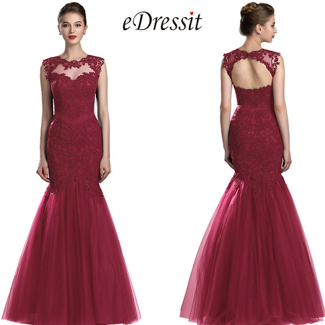 Sparkly Burgundy Beaded Lace Prom Gown