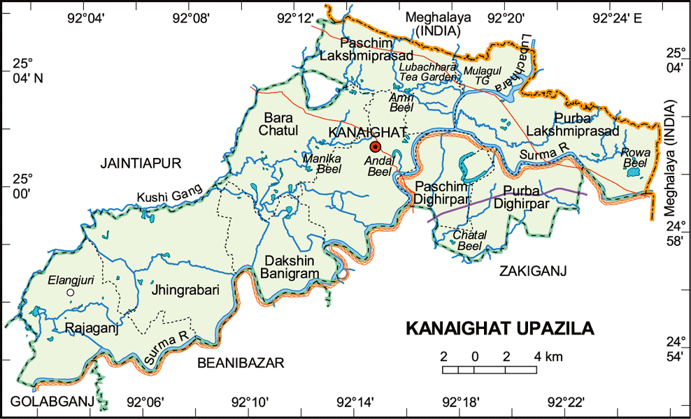 Kanaighat Upazila Map Sylhet District Bangladesh