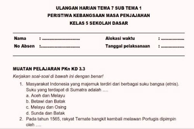 Soal Ulangan Harian K13 Kelas 5 Tema 7 Subtema 1 Berburu Ilmu