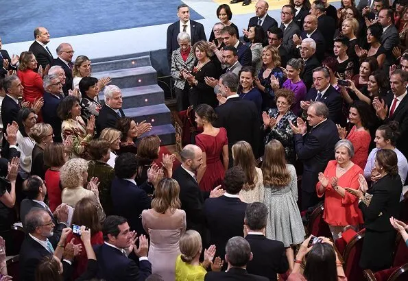 Queen Letizia, Queen Sofia, Crown Princess Leonor and Infanta Sofia. Queen Letizia wore a red satin dress and earrings