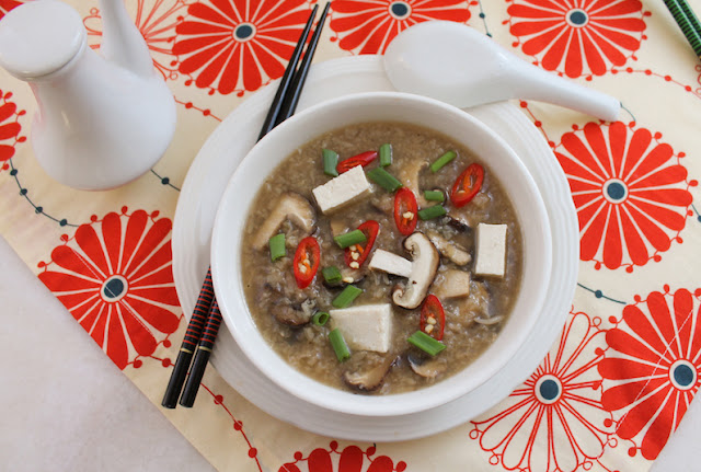 Food Lust People Love: Slow cooker shiitake congee is a warming bowl of comfort, made with lots of savory, flavorful mushrooms and your favorite rice. Top it with your favorite add ons.