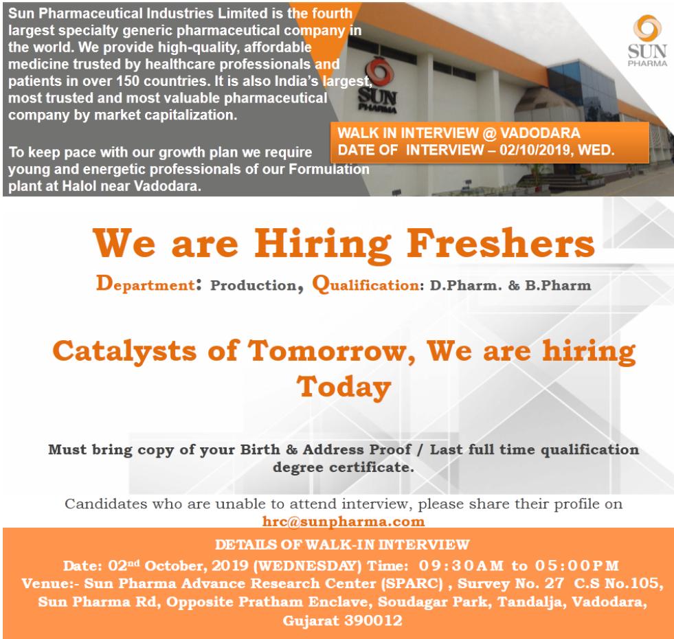 Sun Pharma hiring freshers, Open interview on 2nd Oct 2019