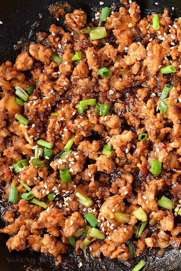 close up of a black pan with easy garlic sesame chicken