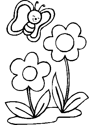 Dibujo de 2 flores con 1 mariposa para colorear pintar e imprimir