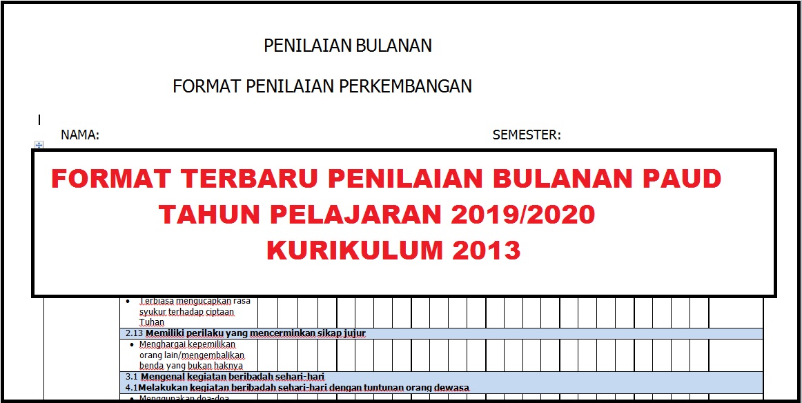 Format Terbaru Penilaian Bulanan PAUD Tahun Pelajaran 2019