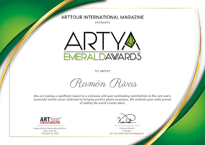 Certificado-Diploma del Premio EMERALD ARTYA 2021, entregado a Ramón Rivas