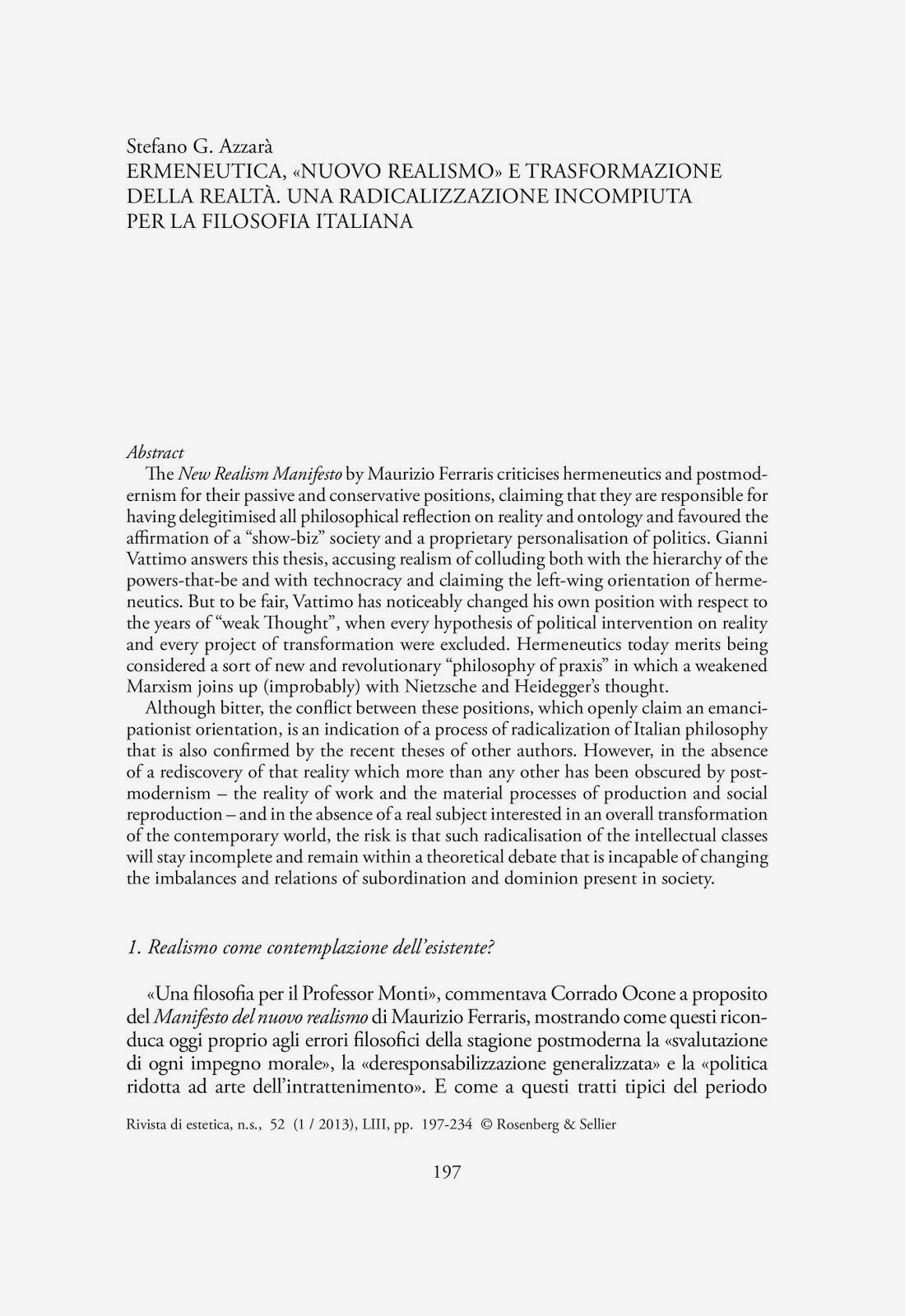 Stefano G. Azzarà: Ermeneutica, "Nuovo Realismo" e trasformazione della realtà