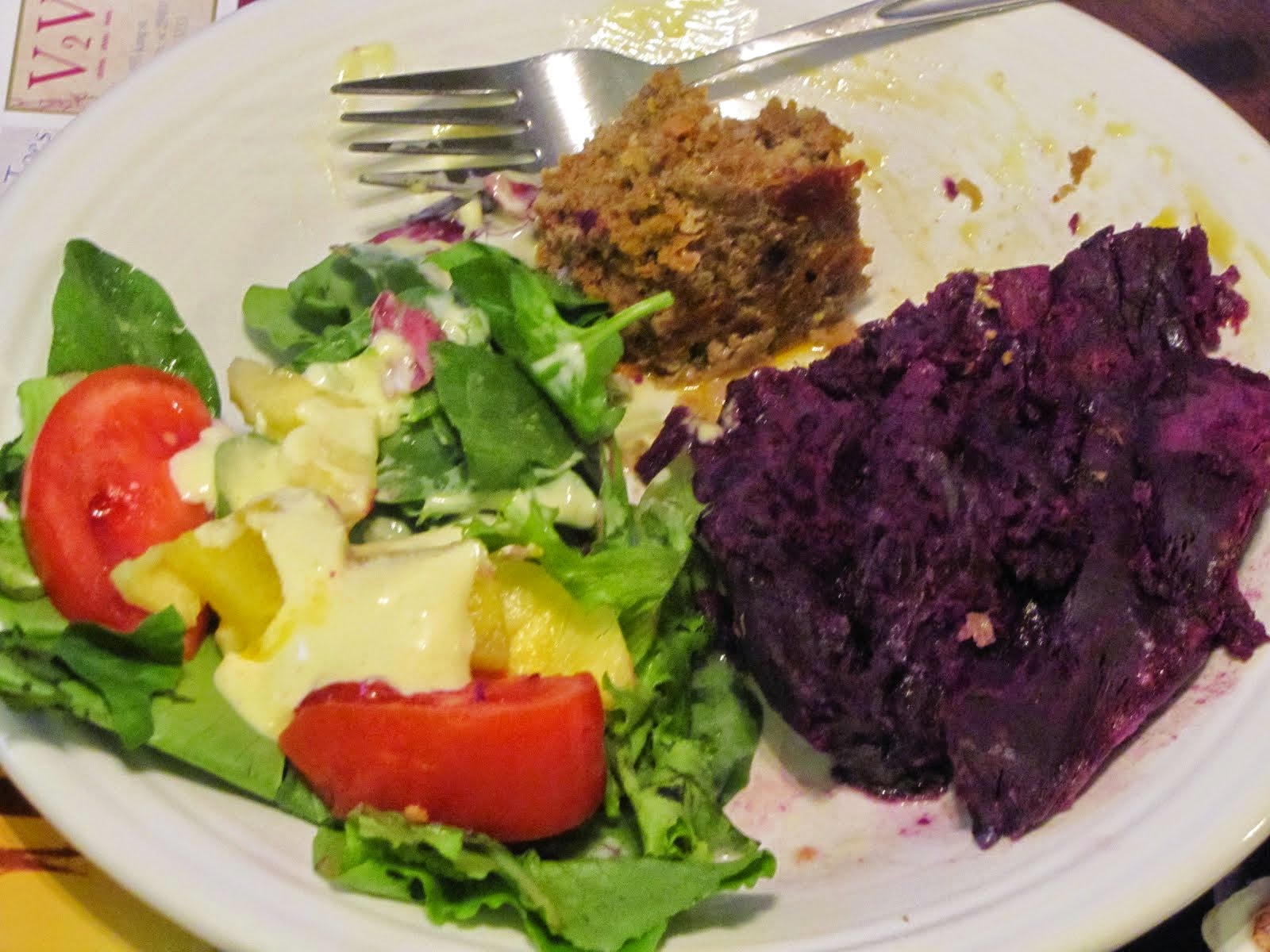 Meatloaf, Purple Sweet Potato, Salad