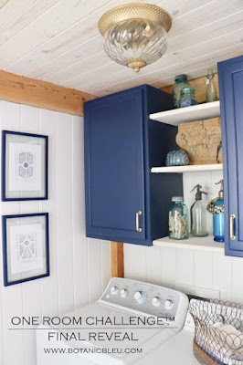 French Country Laundry ORC™ Reveal Navy Cabinets Open Shelves Wood Ceiling