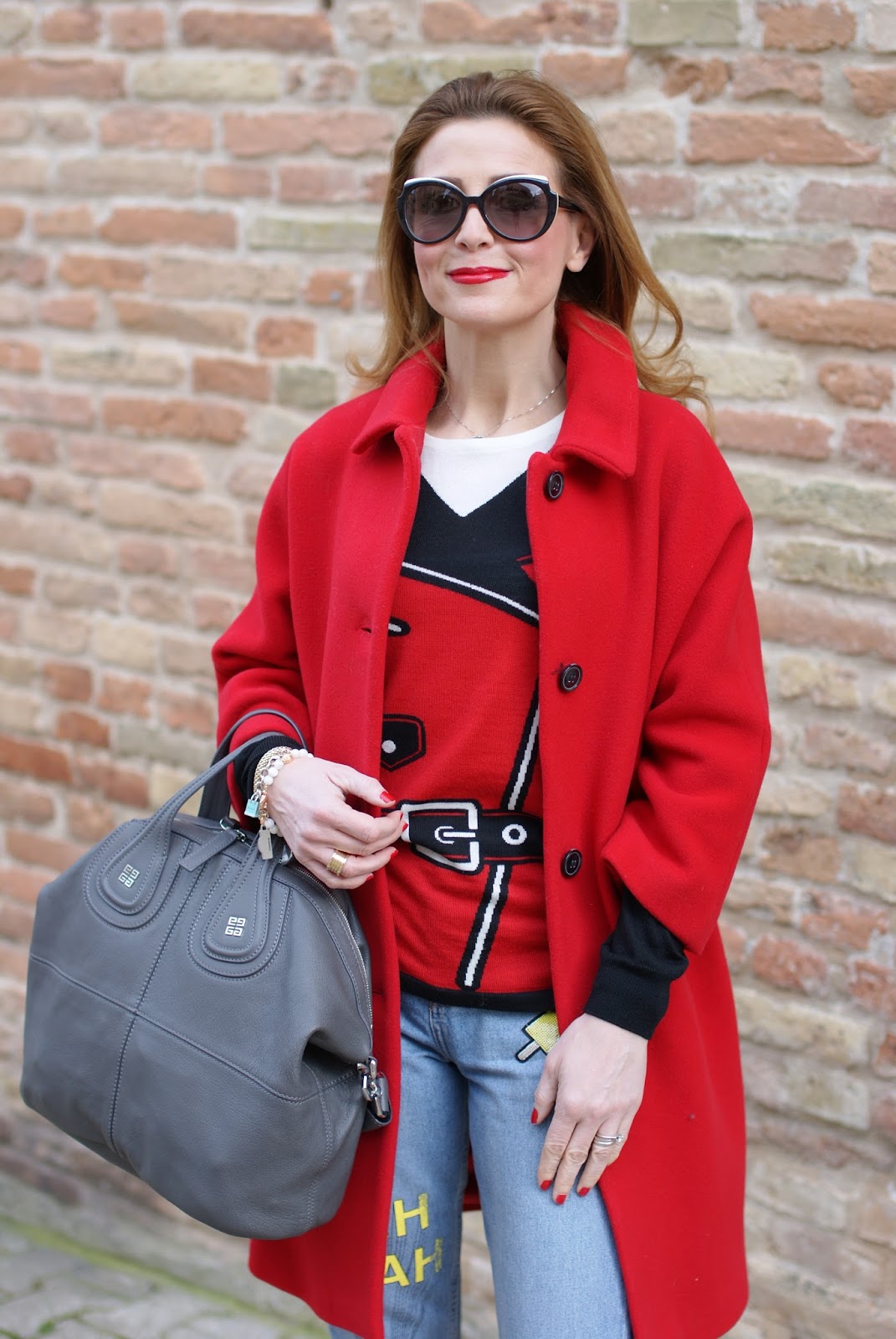 Casual transitional spring outfit with Reebok Classic Freestyle HI Melody Ehsani sneakers, red coat and grey Nightingale bag on Fashion and Cookies fashion blog, fashion blogger style
