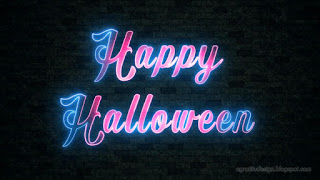 Glow Happy Halloween With Neon Lettering Style On Dark Green Brick Tiles Wall Texture Background
