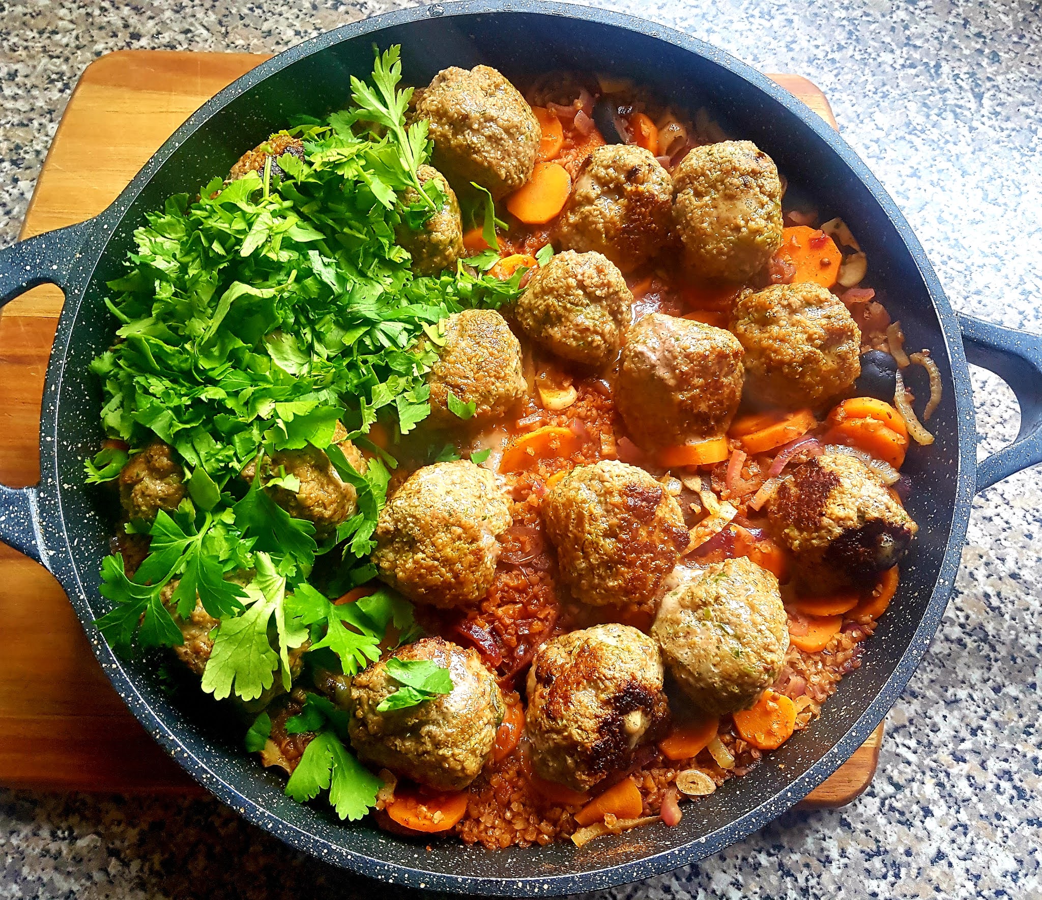Beef meatball tagine with brown bulgur wheat