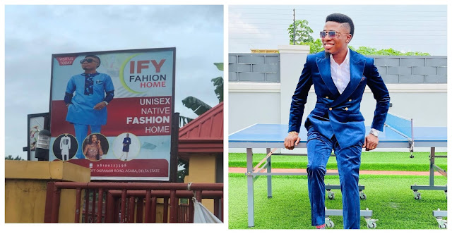 Comedian MC Edo Pikin reacts after he spotted himself on a Fashion Designer Billboard in Asaba (Photos)