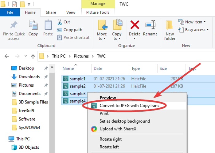 Conversion par lots de HEIC en JPG à l'aide du menu contextuel dans Windows 11/10