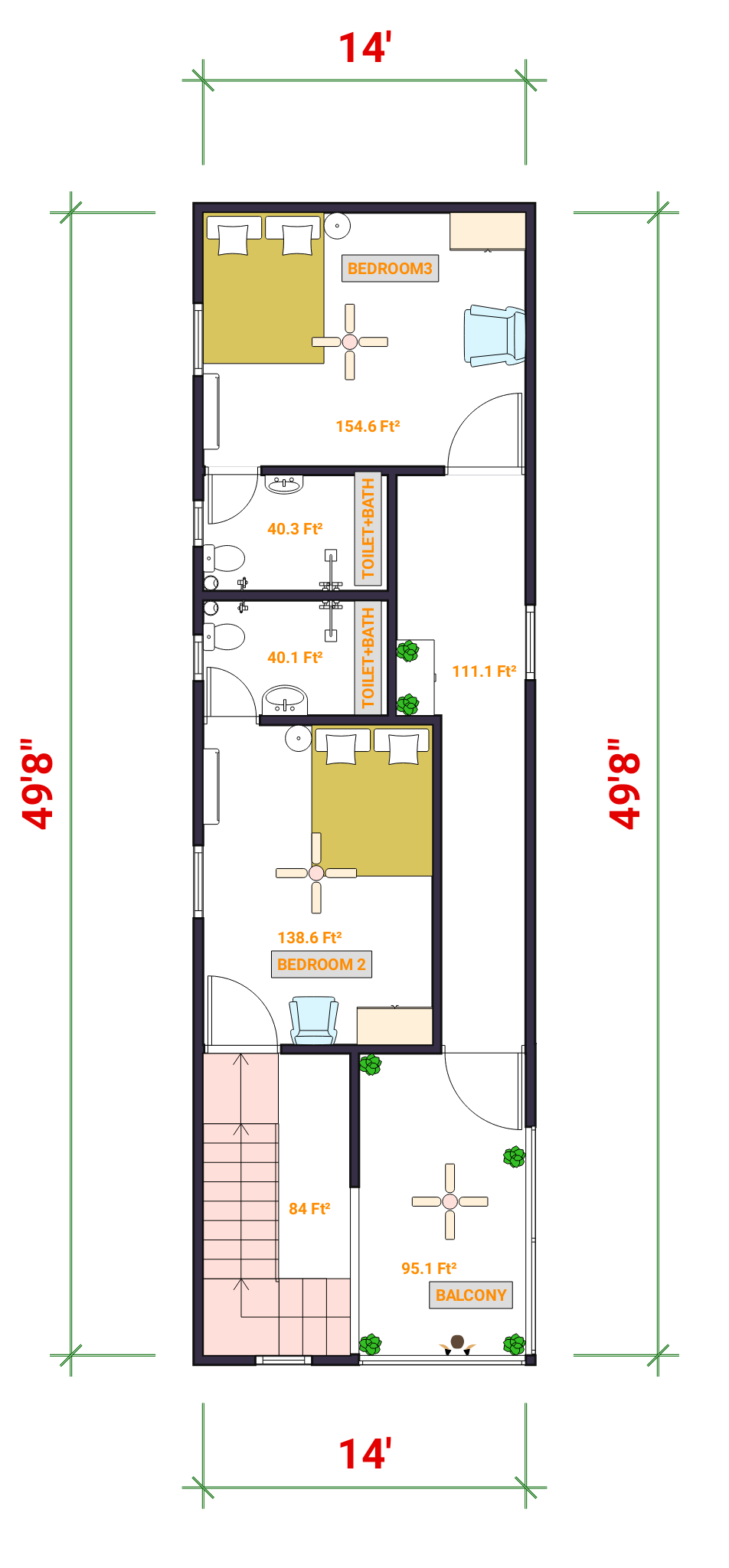 HOUSE PLAN (14×50) FT or (4.2×15.2)M