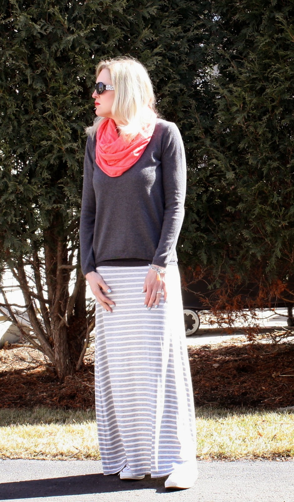 grey sweater, grey striped maxi skirt and bright scarf