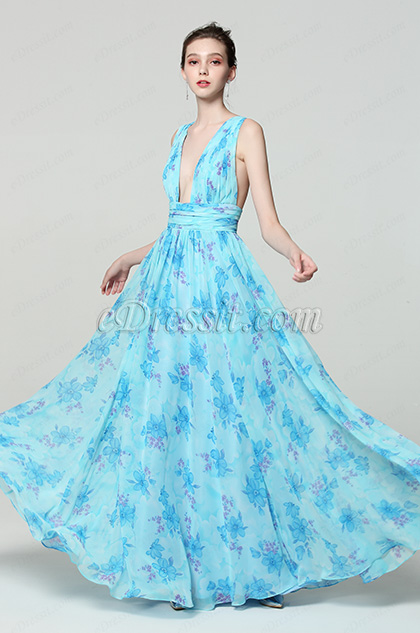 blue v cut print formal dress