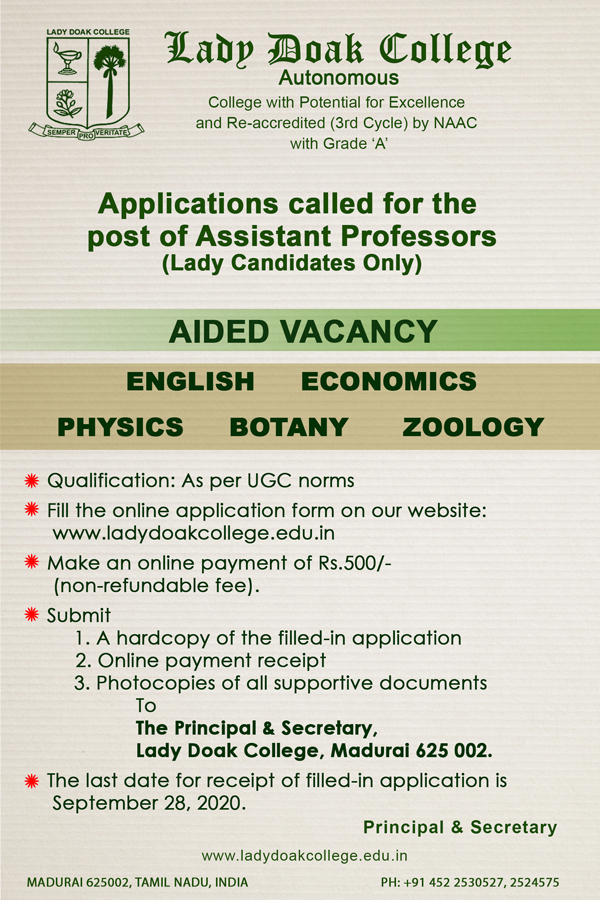 Lady Doak College Botany/Zoology Assistant Professor Job Openings