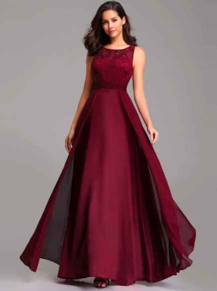 Round Neck Lace and Chiffon Evening Prom Dresses for Party