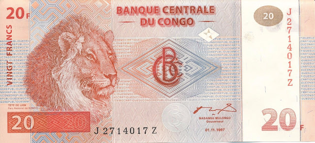 Congo Democratic Republic Currency 20 Congolese francs banknote 2003 Lion