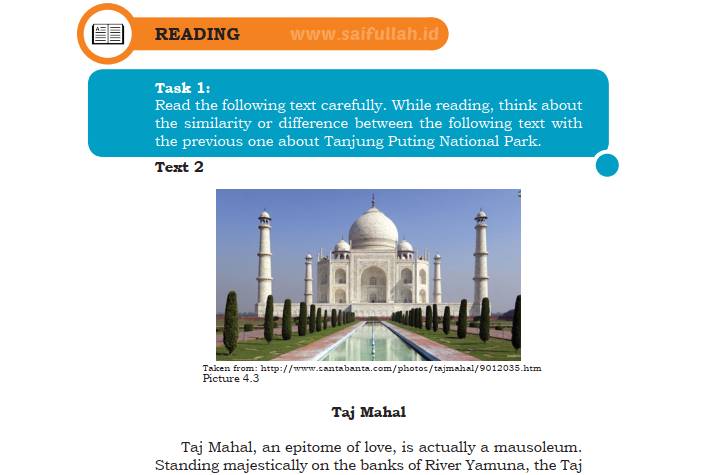 Terjemahan Teks Taj Mahal Chapter 4 Task 1 Halaman 58-59 (Reading) Kelas 10