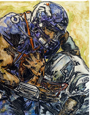 Football art of Tim Tebow playing quarterback for the NFL's Denver Broncos running and being tackled by a New England Patriot's football player