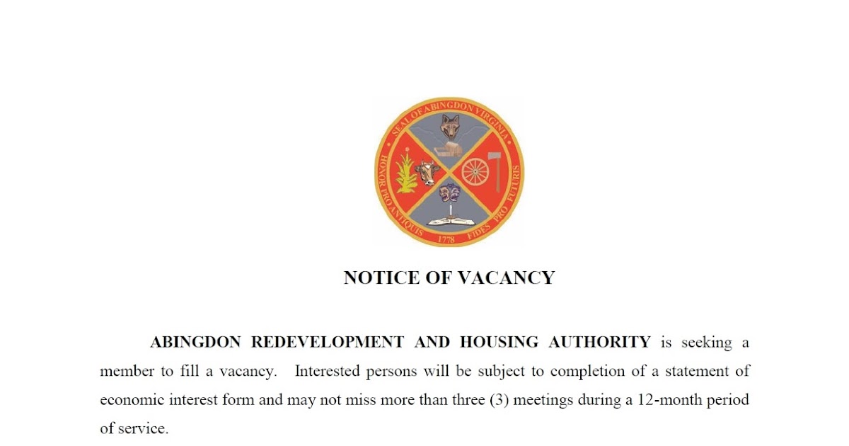 Town of Abingdon, Virginia Notice of Vacancy for Redevelopment and