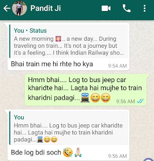 WhatsApp chat moment for a status uploaded about train journey