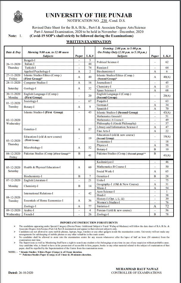 Revised Date Sheet BA BSc Part 1 PU Lahore