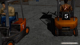 Hiroaki Takeuchi (left) is represented in-game in Shenmue I as a forklift operator at New Yokosuka Harbor