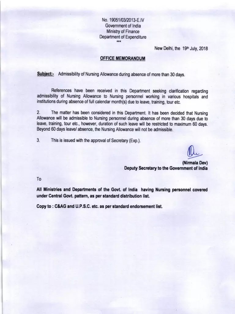 Admissibility of Nursing Allowance during absence upto 60 days due to leave, training, tour etc.