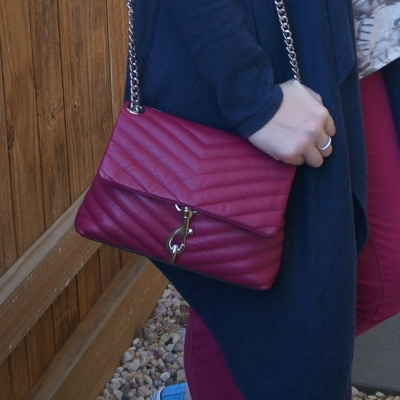 navy cardigan with Rebecca Minkoff Edie small crossbody bag in magenta | awayfromtheblue