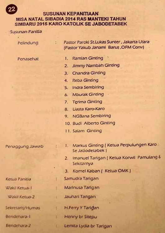 Susunan Panitia Natal 2014 Komunitas Karo Katolik