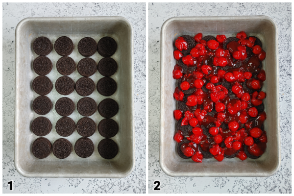 Black Forest Oreo Dessert!  Step-by-step instructions for a super easy no-bake icebox cake layered with Oreo cookies, chocolate pudding and cherry pie filling.