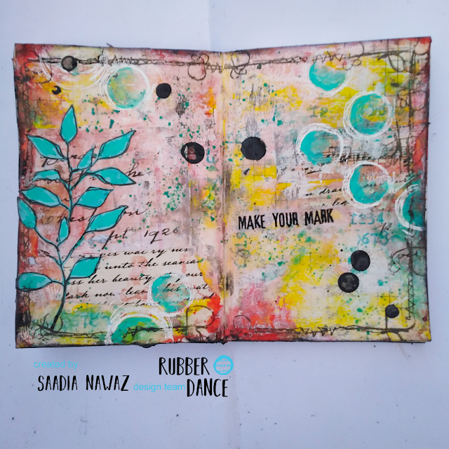 An Art Journal Spread with Mixed Media Marks Stamp by Saadia Nawaz