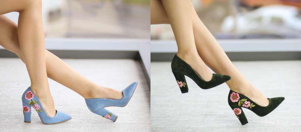 Pantofi Stiletto cu toc gros piele intoarsa verzi, albastri de zi cu model cu flori Pantofi Stiletto cu toc gros piele intoarsa verzi, albastri de zi cu model cu flori