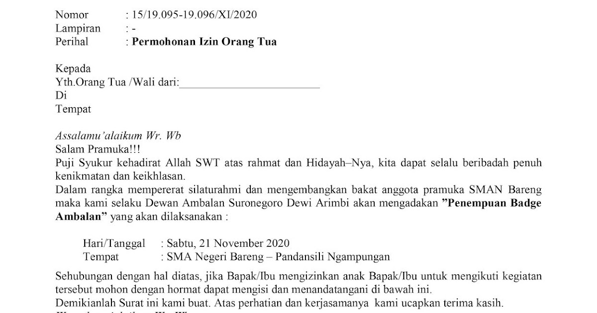 Contoh Surat Izin Kemah untuk Orang Tua Pramuka.Jbg