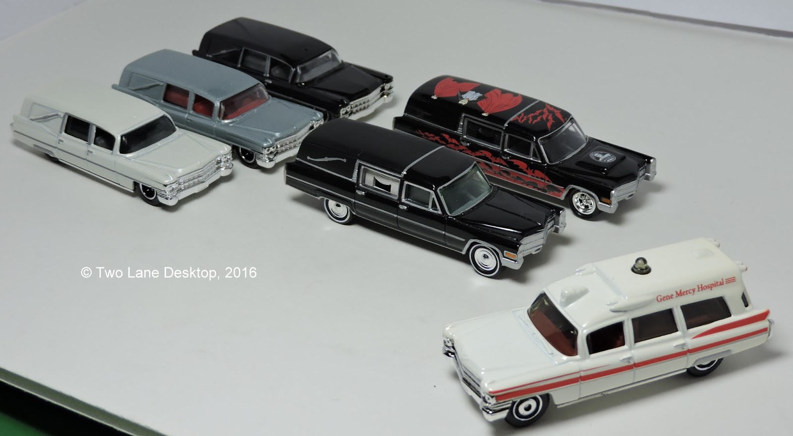 Two Lane Desktop Matchbox 1963 and Johnny Lightning 1966 Cadillac Hearse's