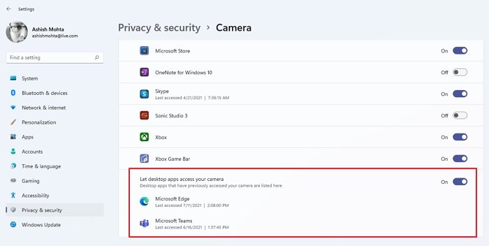 Accesso alla fotocamera di Microsoft Teams