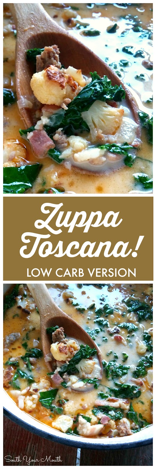Low Carb Zuppa Toscana! Made with roasted cauliflower instead of potatoes. This soup has ALL the flavor of the Olive Garden hit recipe! Post also includes the traditional recipe with potatoes.