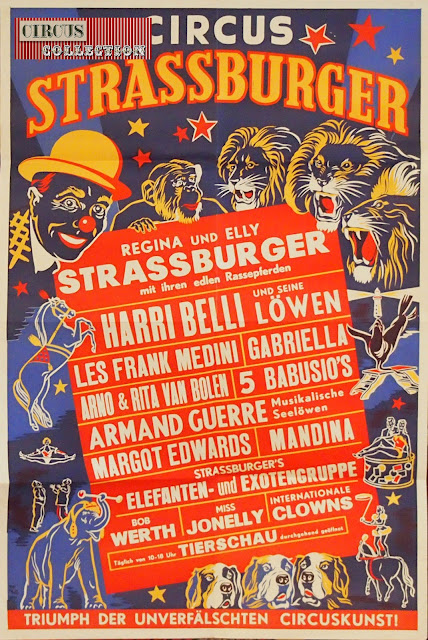 clown, animaux, acrobate encadre le texte de cette affiche du cirque Strassburger, Triumph der unverfälschten circuskunst